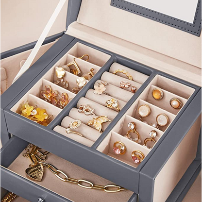 Boîte à bijoux Nancy's Burnbrae - Rangement pour bijoux - Portable - Verrouillable - 2 tiroirs - Miroir - Clé - Gris - 17,5 x 13,5 x 12 cm