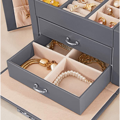 Boîte à bijoux Nancy's Burnbrae - Rangement pour bijoux - Portable - Verrouillable - 2 tiroirs - Miroir - Clé - Gris - 17,5 x 13,5 x 12 cm