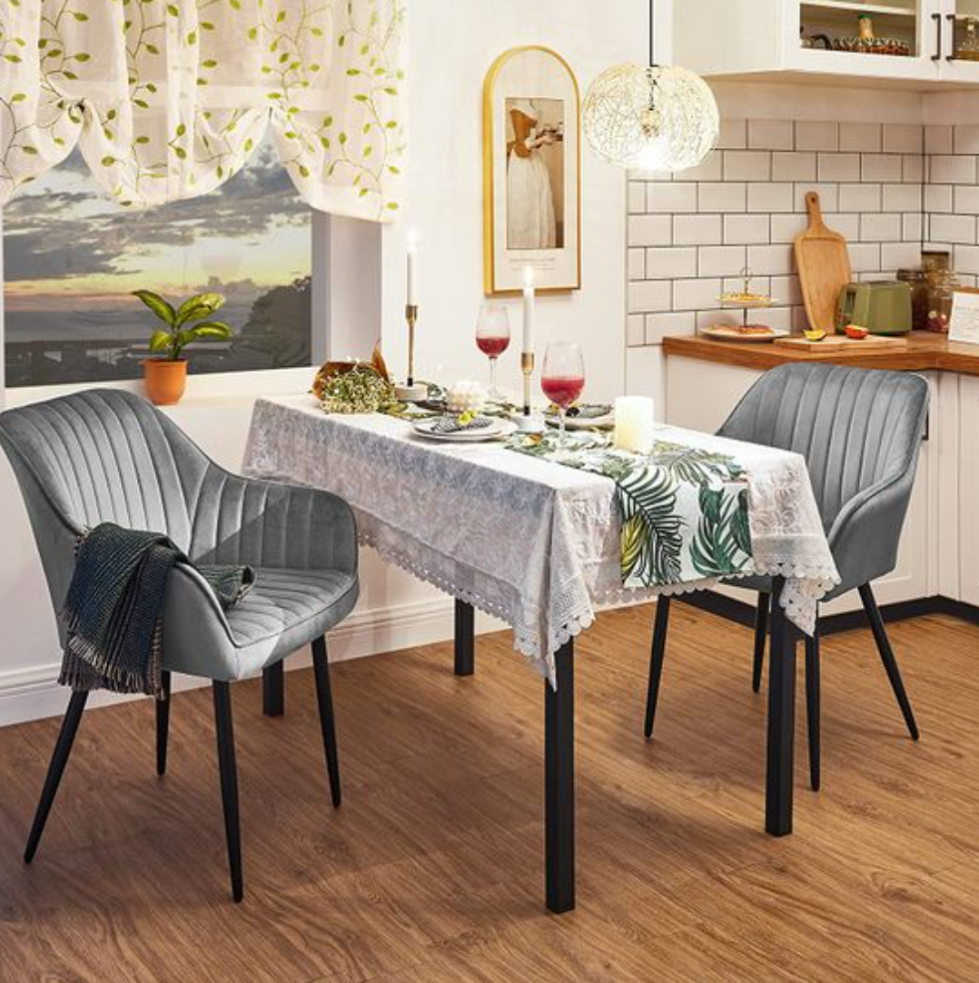 Nancy's Halfway Dining Room Chairs - Armchair - Set of 2 - Armrests - Metal - Velvet - Gray/Petrol - 62.5 x 60 x 85 cm