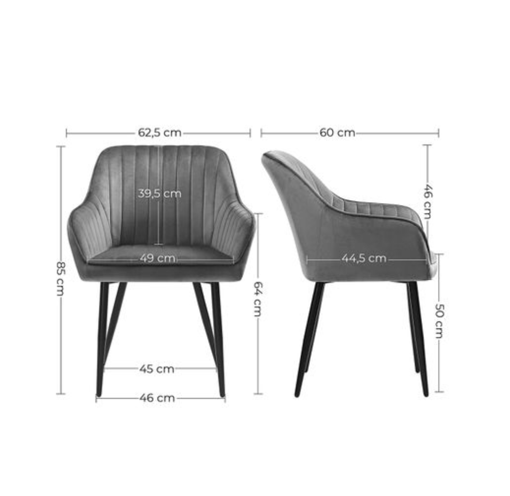 Nancy's Halfway Eetkamerstoelen - Fauteuil - Set Van 2 - Grijs / Zwart - Fluweel / Staal