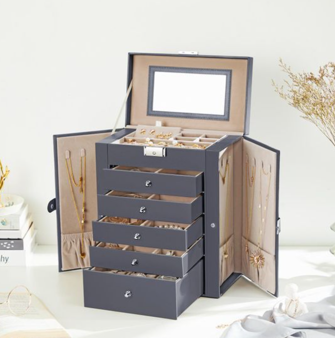 Nancy's Cushing Jewelry Box - Jewelry Box - 6 Levels - Drawers - Doors - Mirror - Lock - Gray - 26 x 15.5 x 32 cm