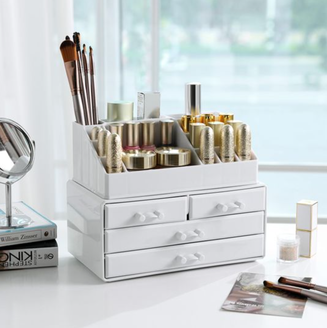 Organisateur de maquillage Nancy's Cutler - Rangement maquillage - 4 tiroirs - Compartiments ouverts - Blanc - Acrylique - 24 x 13,5 x 18,5 cm
