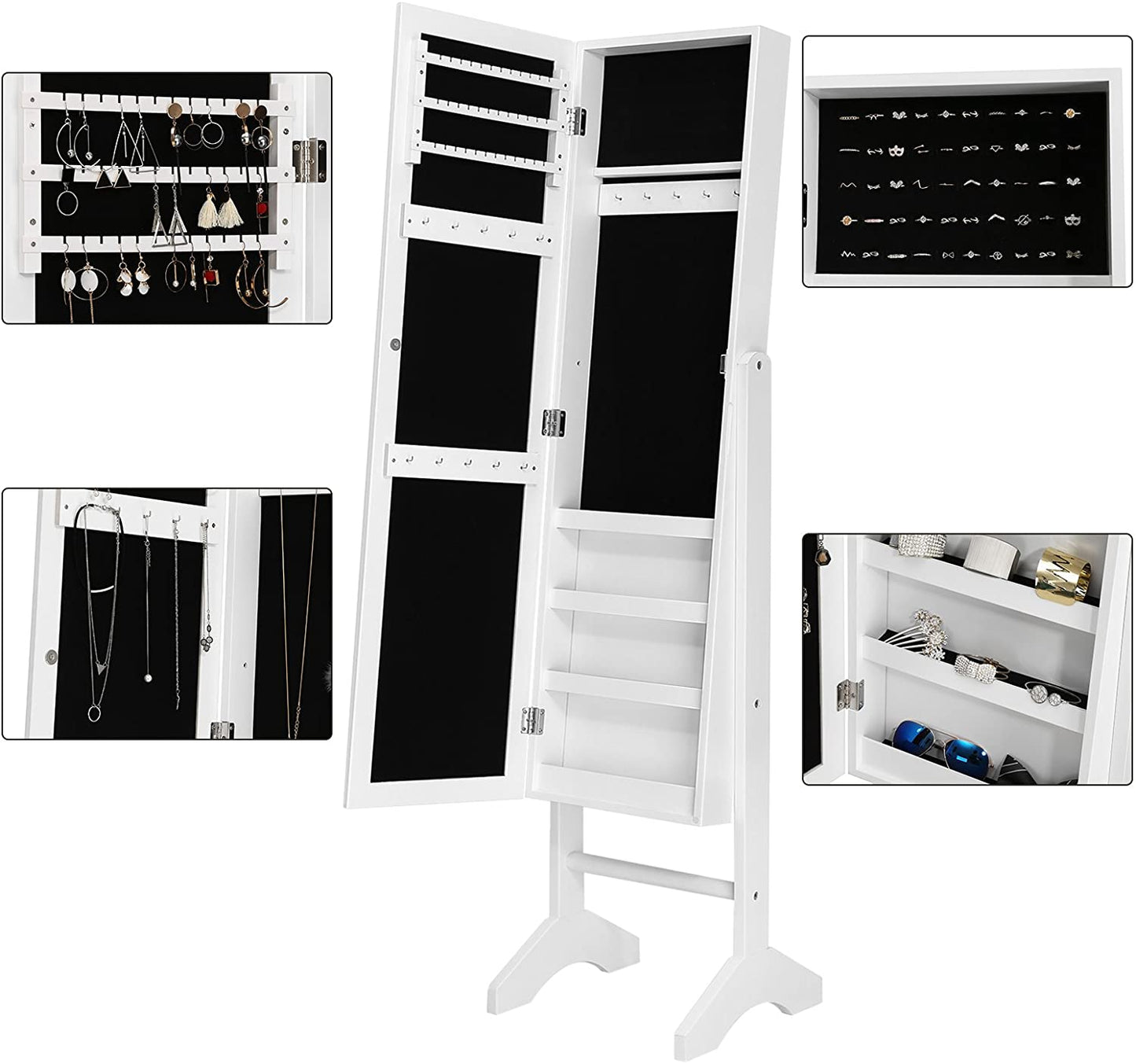 Nancy’s Flynns Sieradenkast met Spiegel – Sieraden Opslag - Vrijstaand – Wit – 35,5 x 153 x 35 cm