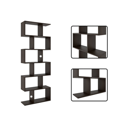 Nancy's Bexley Boekenkast - Open Kast - 6 Vakken - Bewerkt Hout - MDF - Zwart - Bruin - 70 x 23.5 x 190.5 cm