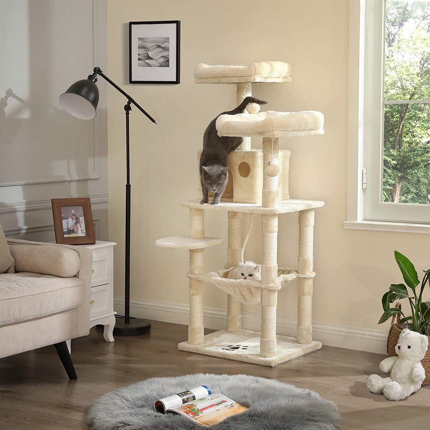 Nancy's Cathlamet Kattenboom - Krabpaal - Klimboom voor katten - Kat Toren met grot - Lichtgrijs - 55 x 45 x 143 cm