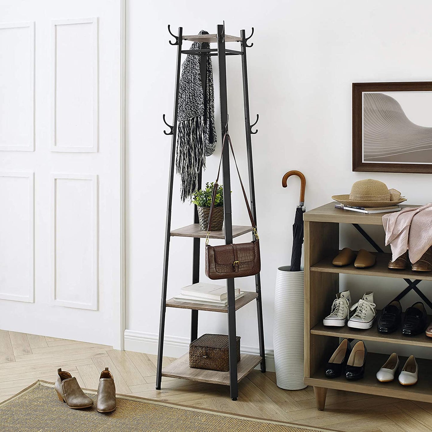 Nancy's Bremerton Garderoberek - Staande Kapstok - Grijs / Zwart - ± 45 x 45 x 180 cm