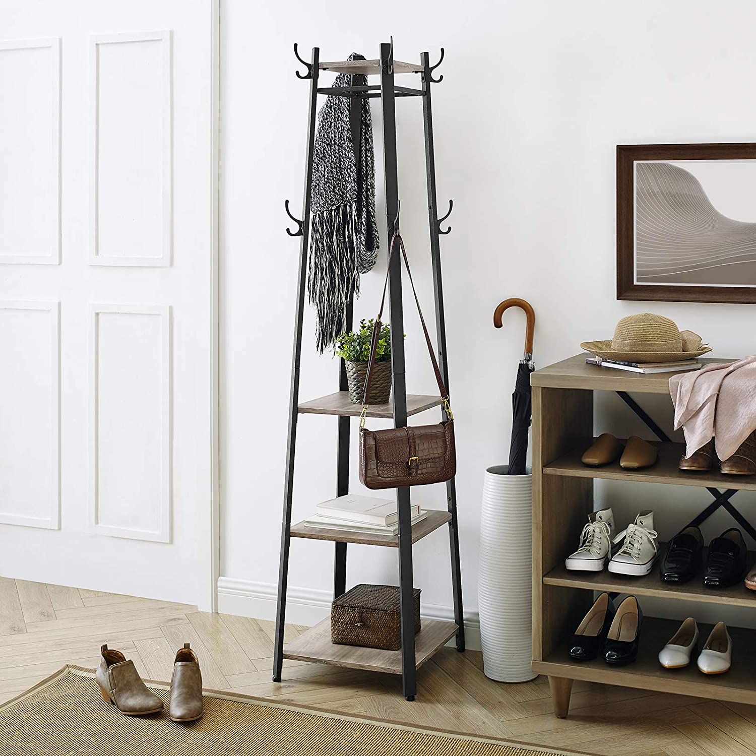 Nancy's Bremerton Garderoberek - Staande Kapstok - Grijs / Zwart - ± 45 x 45 x 180 cm