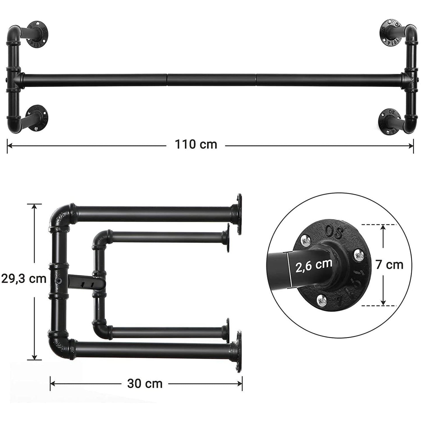 Porte-manteau industriel Nancy's Sonora - 2 tringles à vêtements au mur - Tringle à vêtements - Noir - 110 x 30 x 29,3 cm