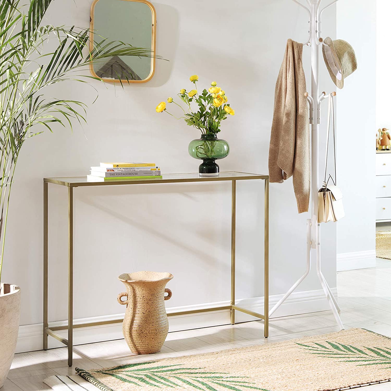 Nancy's Brighton Sidetable - Rechthoekige Glazen Tafel - Goud - Staal - Bijzettafel - Verstelbare Poten - 100 x 35 x 80 cm