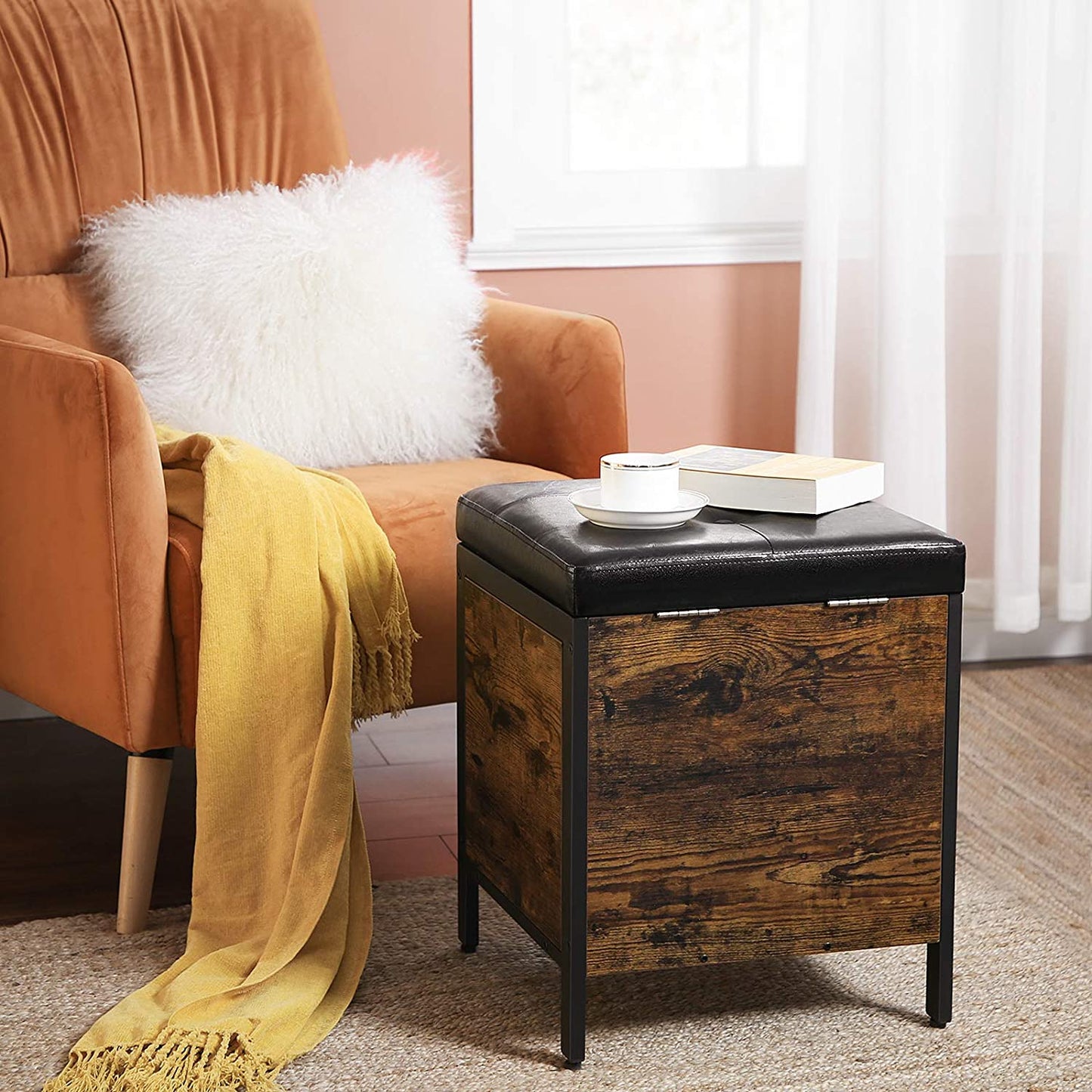 Nancy's Wenatchee Hocker - Stool with storage space - Shoe bench - Footstools - Faux leather and Wood - Industrial - Brown/Black - 40 x 40 x 50 cm 