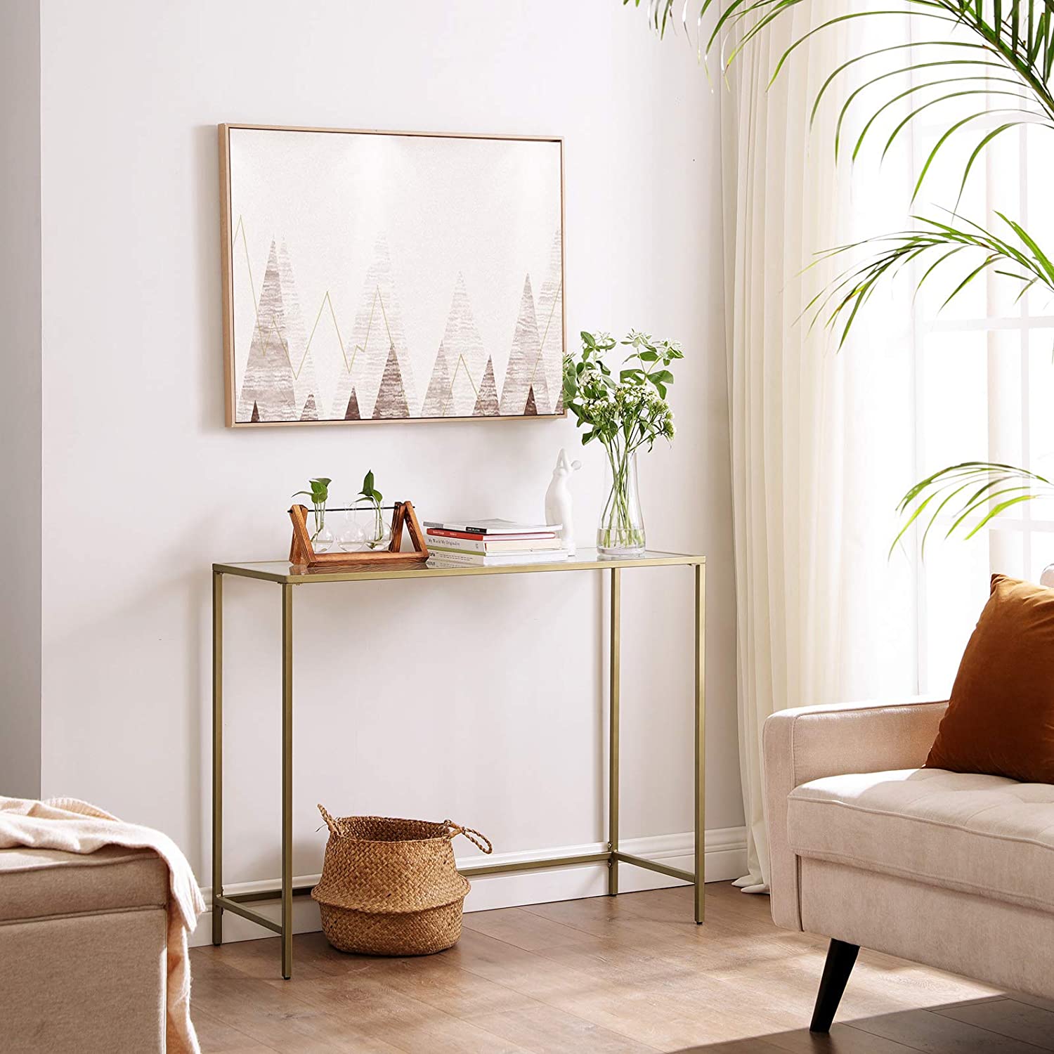 Nancy's Brighton Sidetable - Rechthoekige Glazen Tafel - Goud - Staal - Bijzettafel - Verstelbare Poten - 100 x 35 x 80 cm