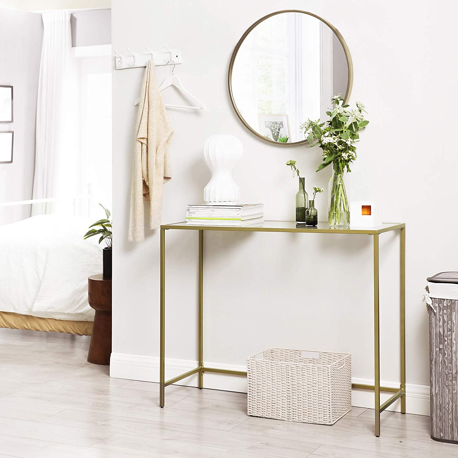 Nancy's Brighton Sidetable - Rechthoekige Glazen Tafel - Goud - Staal - Bijzettafel - Verstelbare Poten - 100 x 35 x 80 cm