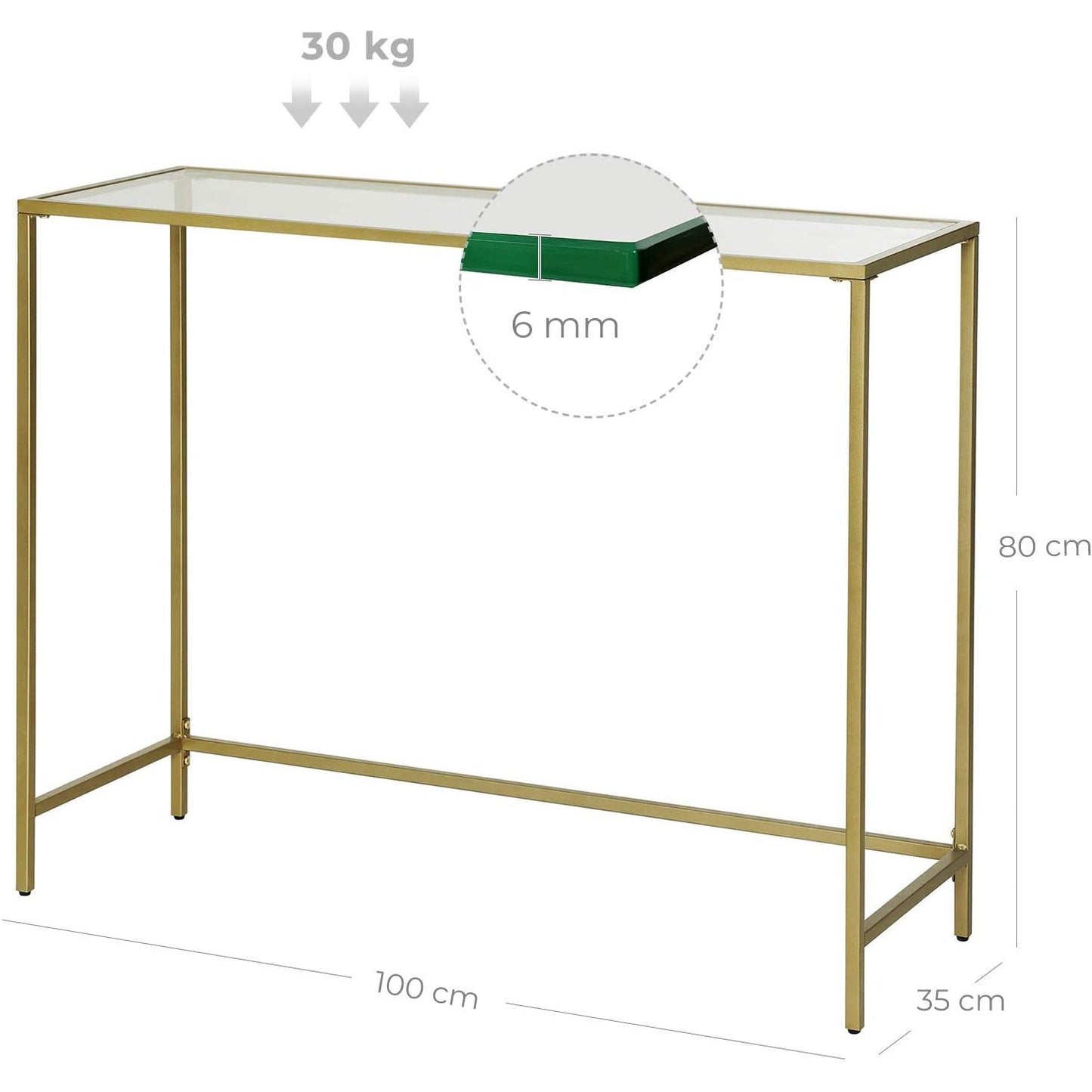 Table basse Brighton de Nancy - Table rectangulaire en verre - Cadre en fer doré - Table d'appoint - Pieds réglables - 100 x 35 x 80 cm (L x L x H)