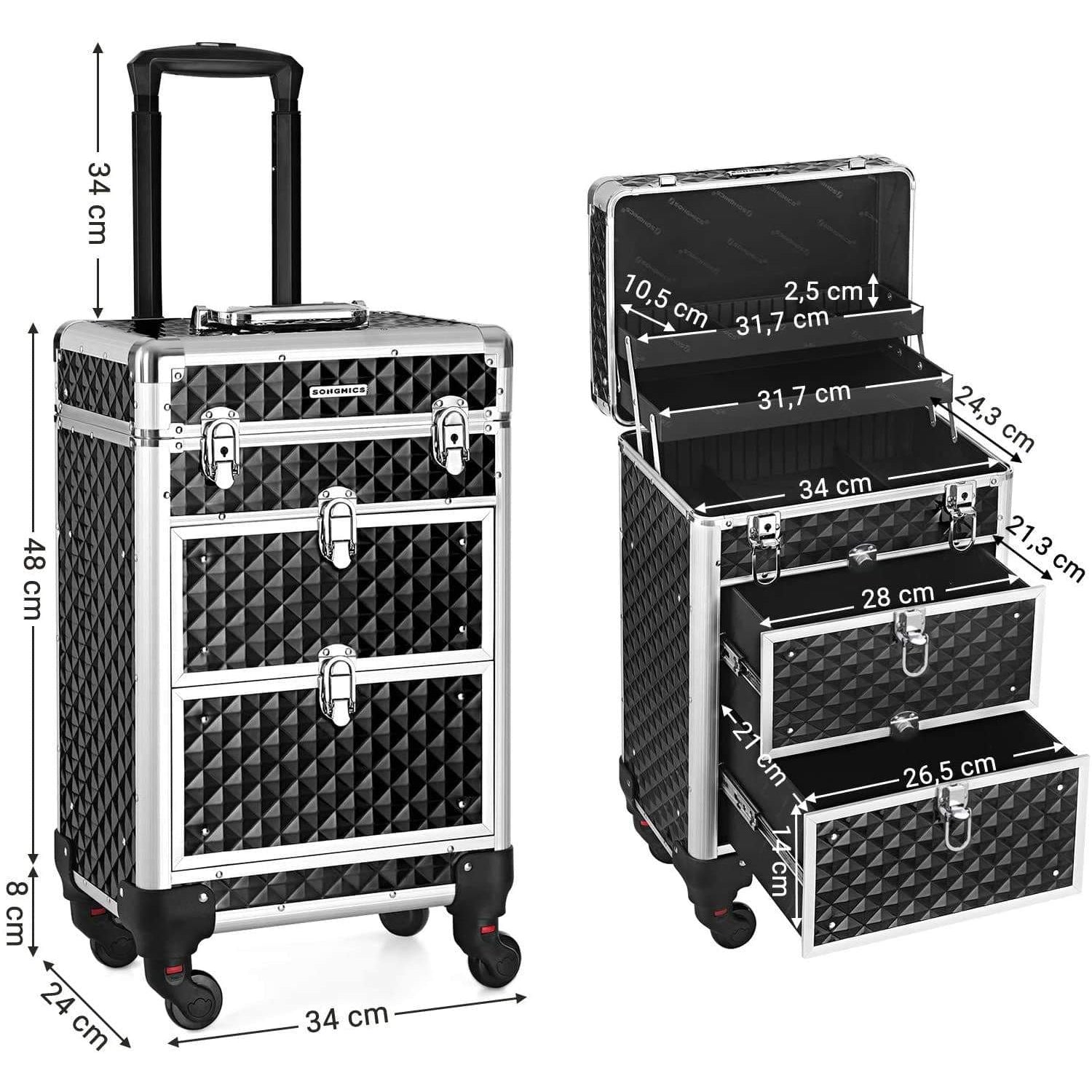 Nancy's Cosmetica Koffer - Make-up koffer - Sieraden Opberger op Wielen - Make Up Trolley - Zwart