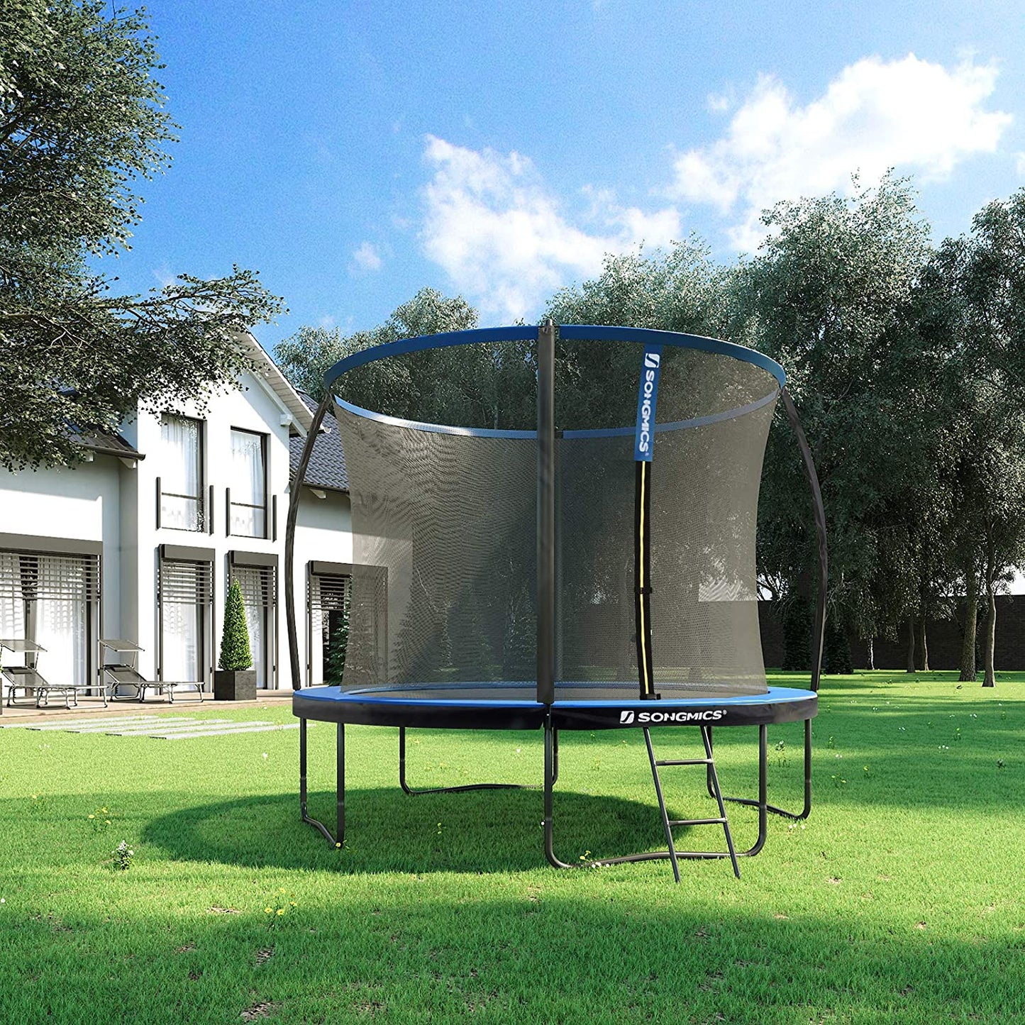 Trampoline de Nancy avec filet de sécurité - Trampolines - Jardin - Échelle - Barres rembourrées - Noir/Bleu - Ø 305