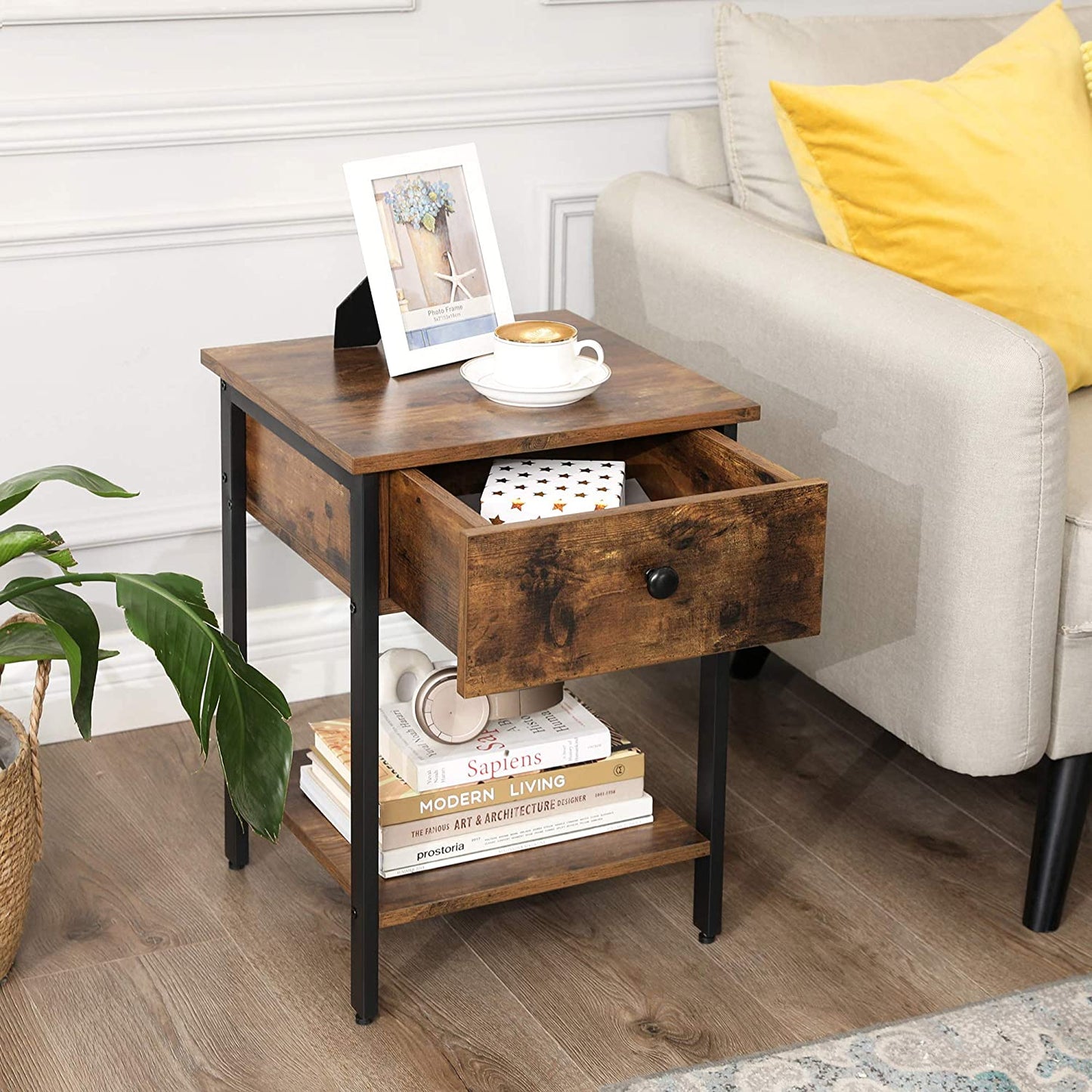 Nancy's Glendale Industrial Bedside Table - Side Table - Bedside Tables - 2 shelves - Brown/Black/Greige - Metal - 40 x 40 x 55 cm