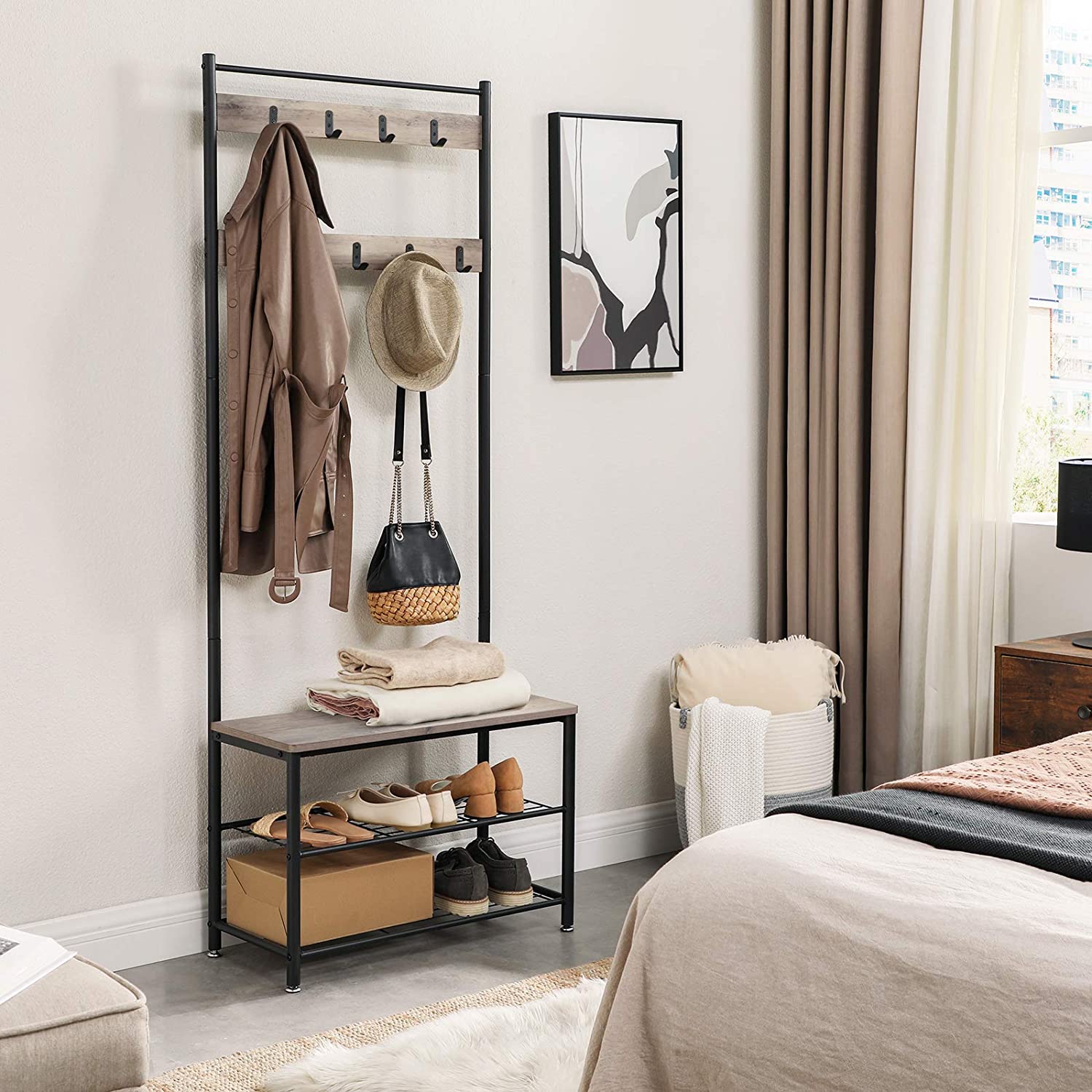 Nancy's Hinsdale Garderoberek Met Kapstok - Schoenenrek - Kapstok Staand - 70 x 175 x 32 cm B x H x D