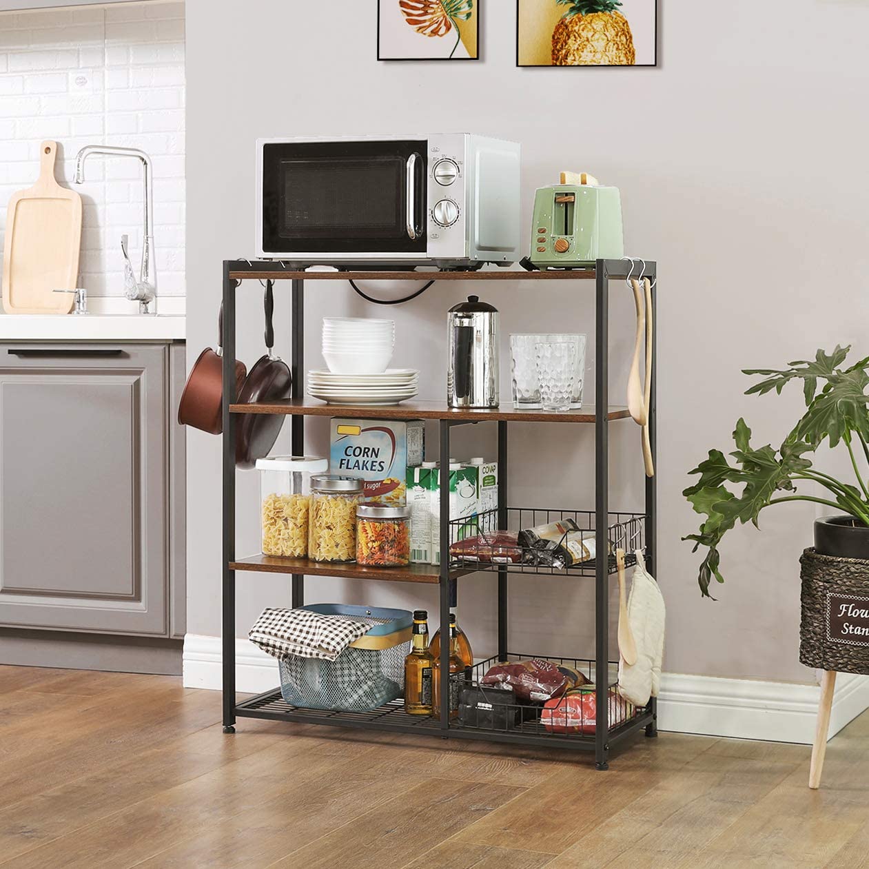 Nancy's Kitchen Cabinet Industrial - Kitchen Trolley - Kitchen Cabinets - Kitchen Cabinet Organizer - Hooks and Shelves - Microwave Rack - Vintage - 80 x 35 x 95 cm