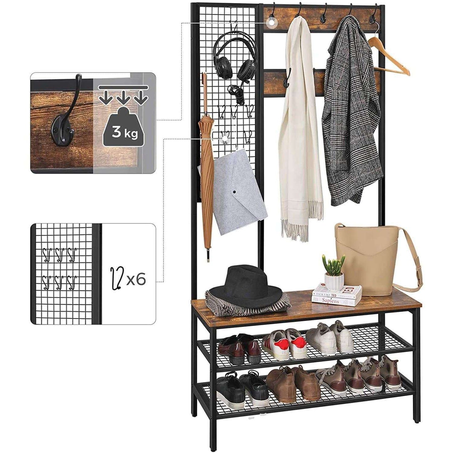 Nancy's Garderoberek met Kapstok - Schoenenrek - Vintage Bruin - ± 100 x 40 x 185 cm