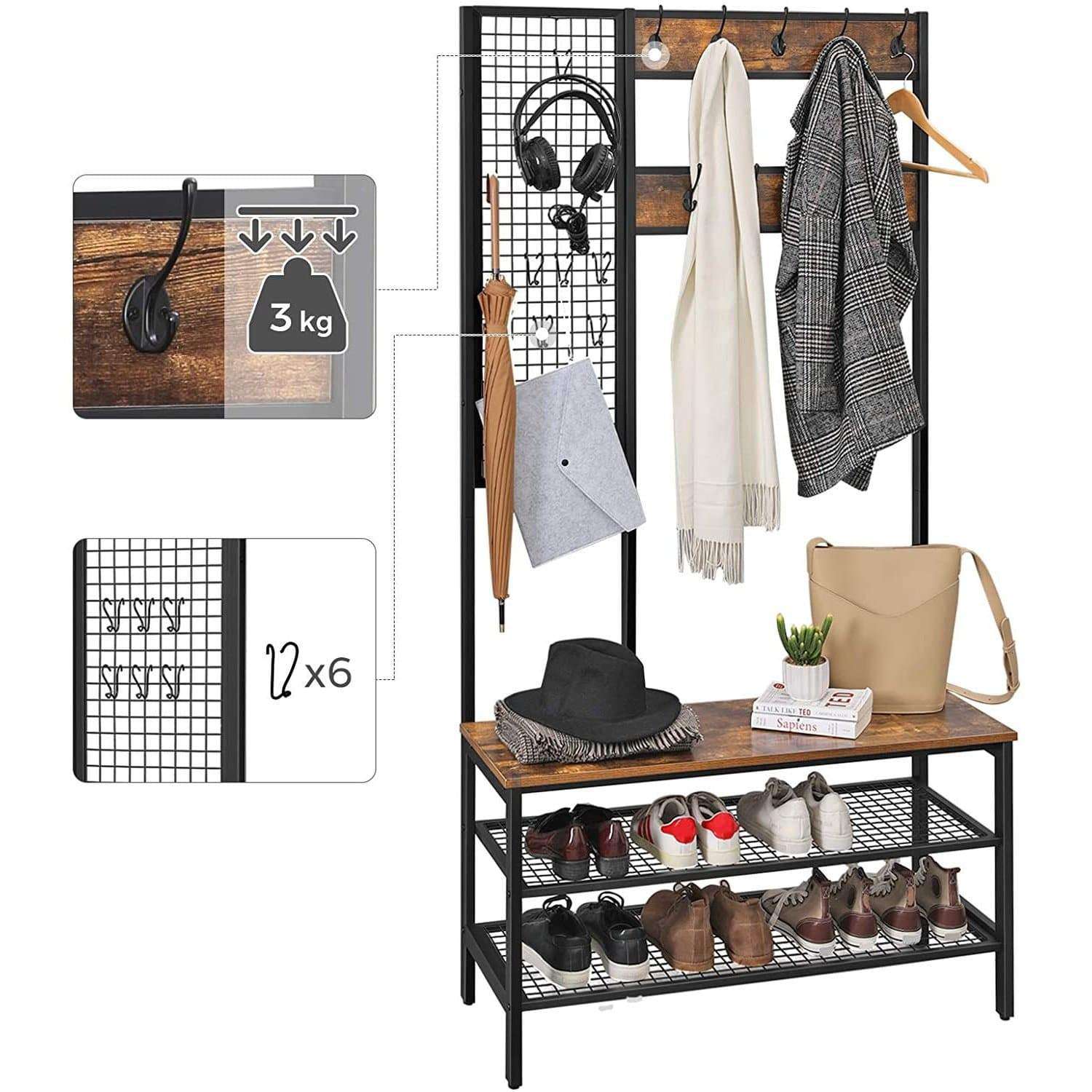 Nancy's Garderoberek met Kapstok - Schoenenrek - Vintage Bruin - ± 100 x 40 x 185 cm