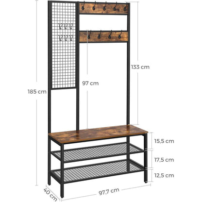 Nancy's Garderoberek met Kapstok - Schoenenrek - Industrieel - 97,7 x 40 x 185 cm