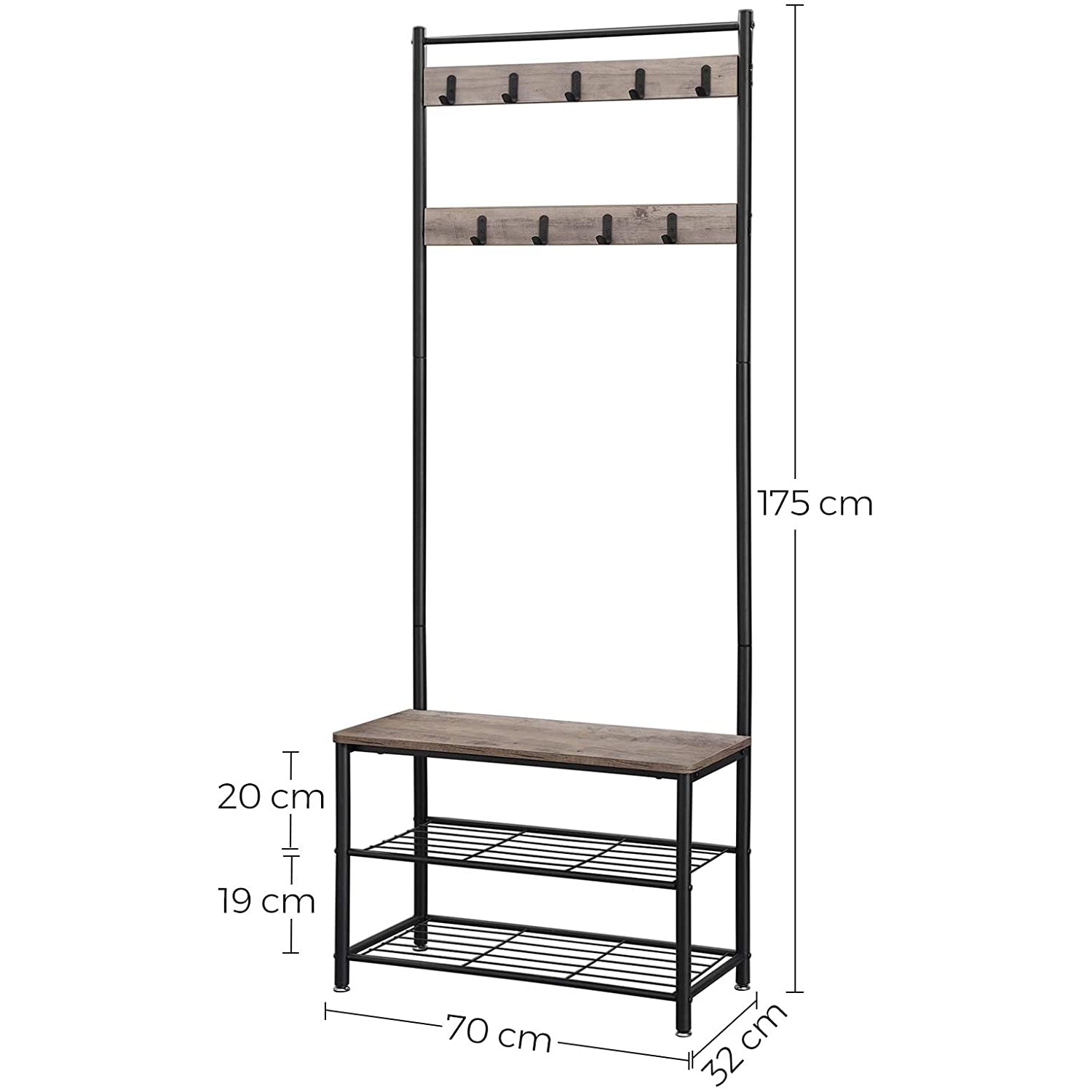 Nancy's Hinsdale Garderoberek Met Kapstok - Schoenenrek - Kapstok Staand - 70 x 175 x 32 cm B x H x D