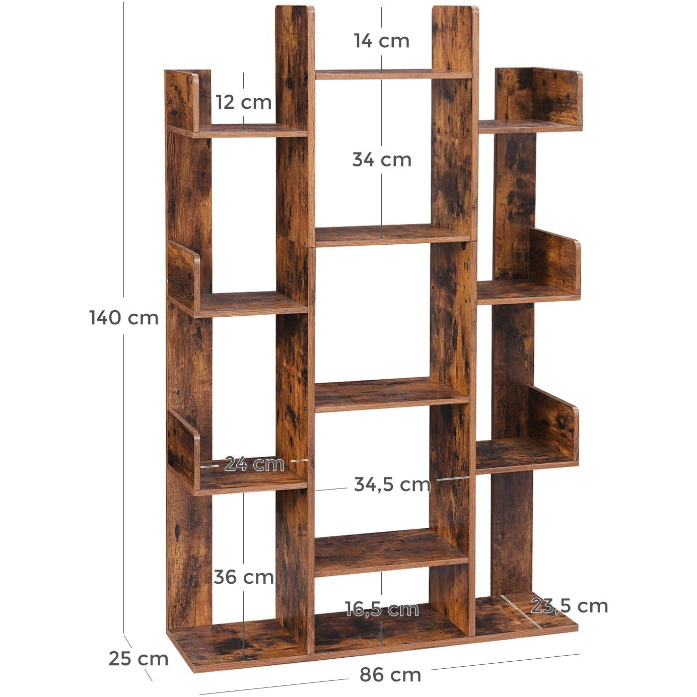 Nancy's Boekenkast met 13 Vakken - Boekenstandaard - Boekensteun - Vrijstaande Kast - Hout - Industrieel - Bruin - 86 x 25 x 140 cm