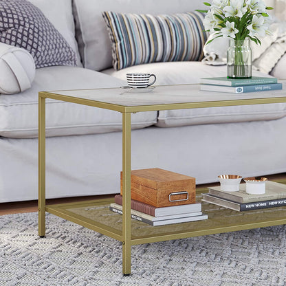 Table basse Selma de Nancy - Table rectangulaire en verre - Aspect marbre doré - 106 x 55 x 45 cm (L x L x H)