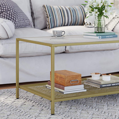 Nancy's Selma Salontafel - Rechthoekige Glazen Tafel - Goud Marmeren Look - 106 x 55 x 45 cm (L x B x H)