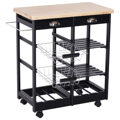 Nancy's Roanoke Keukentrolley - Keukenwagen - Serveerwagen - Wijnrek - Op Wieltjes - MDF - Hout - Zwart - Naturel - 74 x 37 x 76 cm