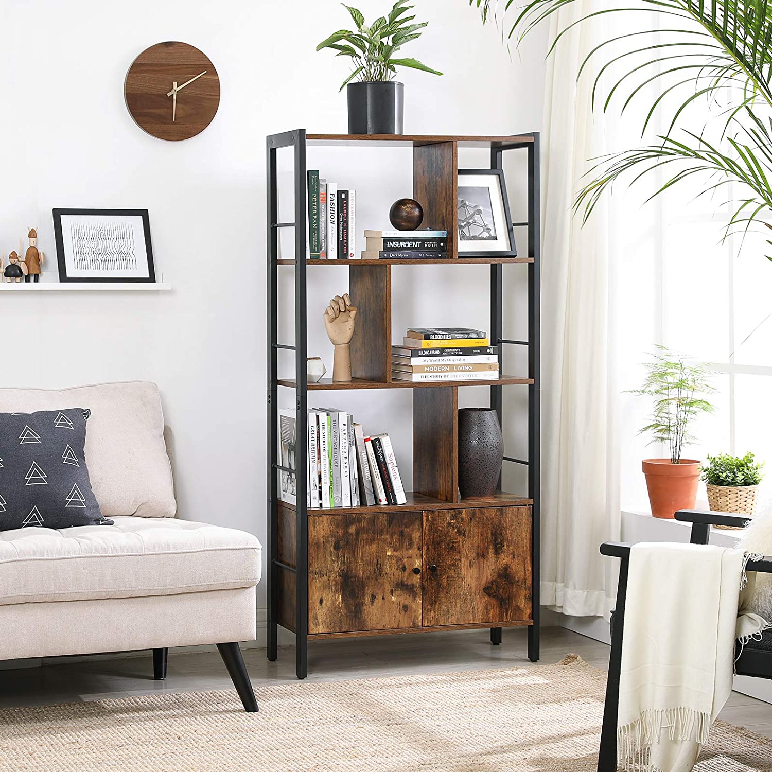 Nancy's Steve Boekenkast - Wandkast - Opbergkast - Vintage Bruin / Zwart - ± 75 x 30 x 155 cm