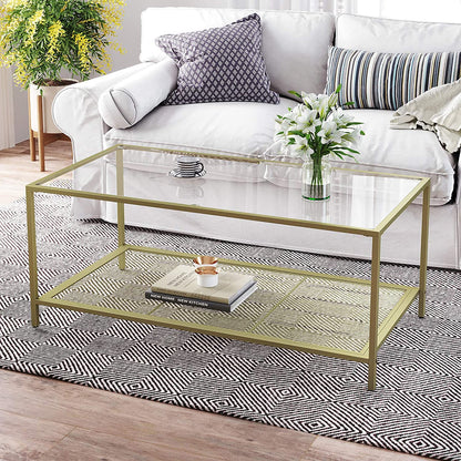 Nancy's Selma Salontafel - Rechthoekige Glazen Tafel - Goud Marmeren Look - 106 x 55 x 45 cm (L x B x H)