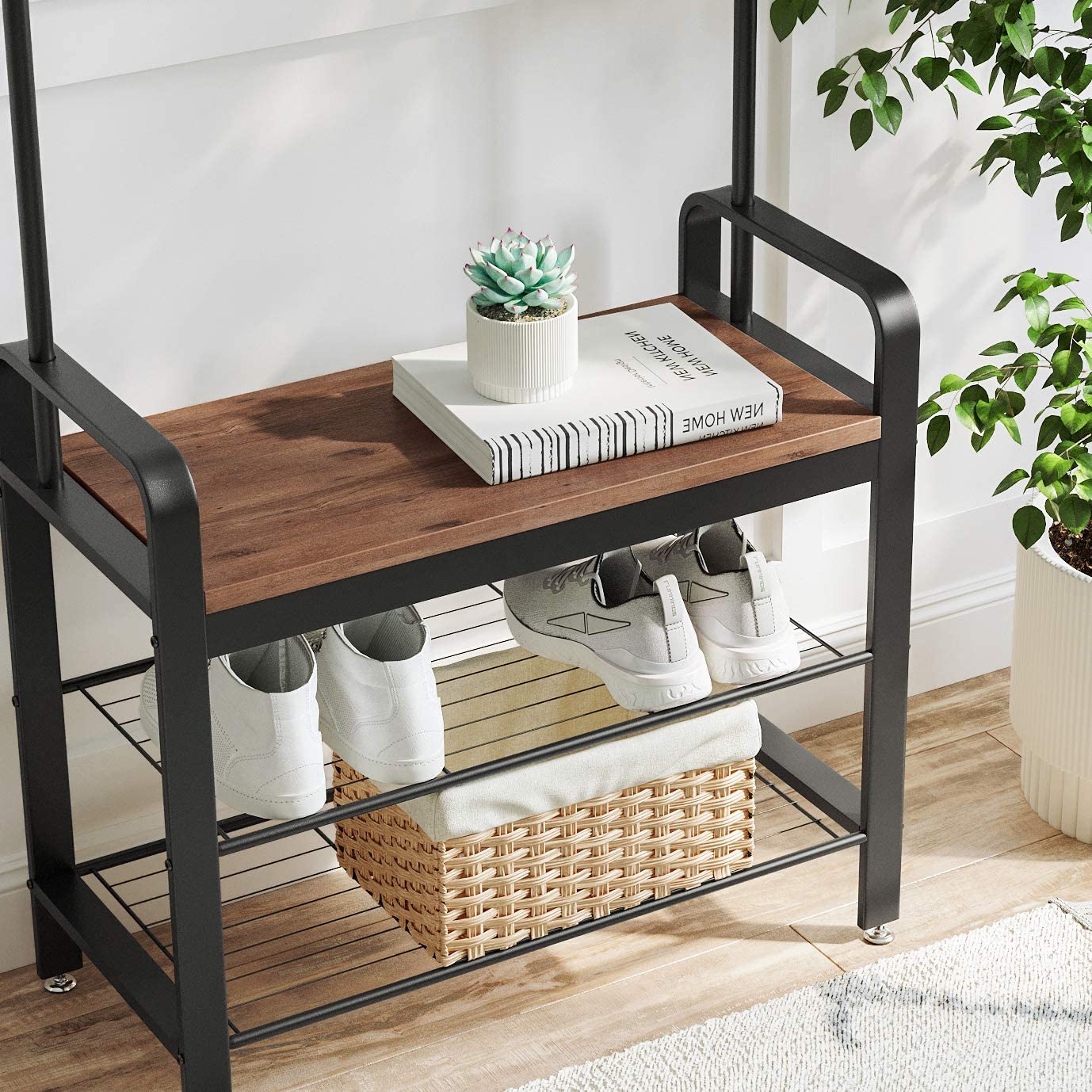 Nancy's Sheffield Garderoberek - Kapstok - Schoenenrek en Bank - Grijs / Zwart - ± 70 x 35 x 180 cm