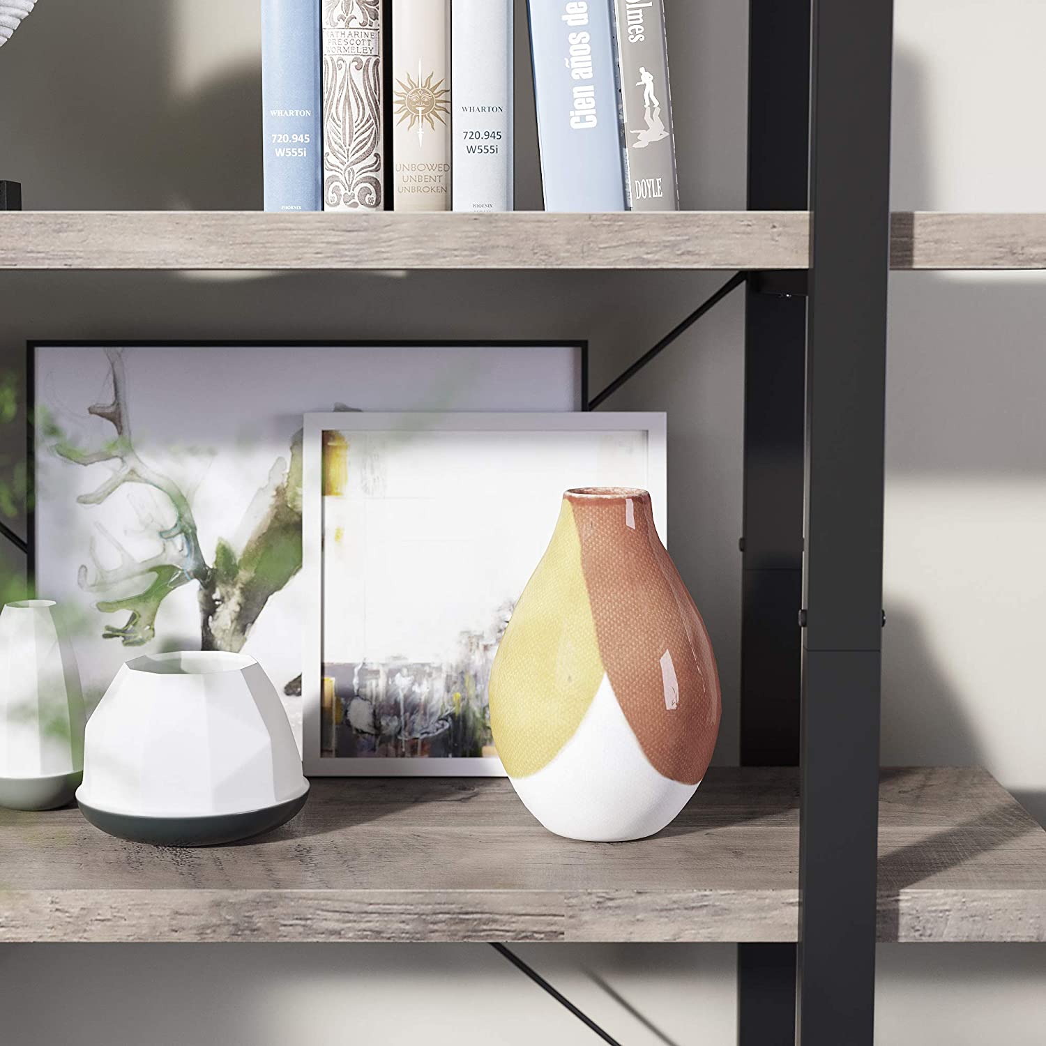 Nancy's Tacoma Boekenkast - Vintage Kast - Boekenkasten - 5 Lagen - Grijs/Zwart - 105 x 33,5 x 177,5 cm L x B x H