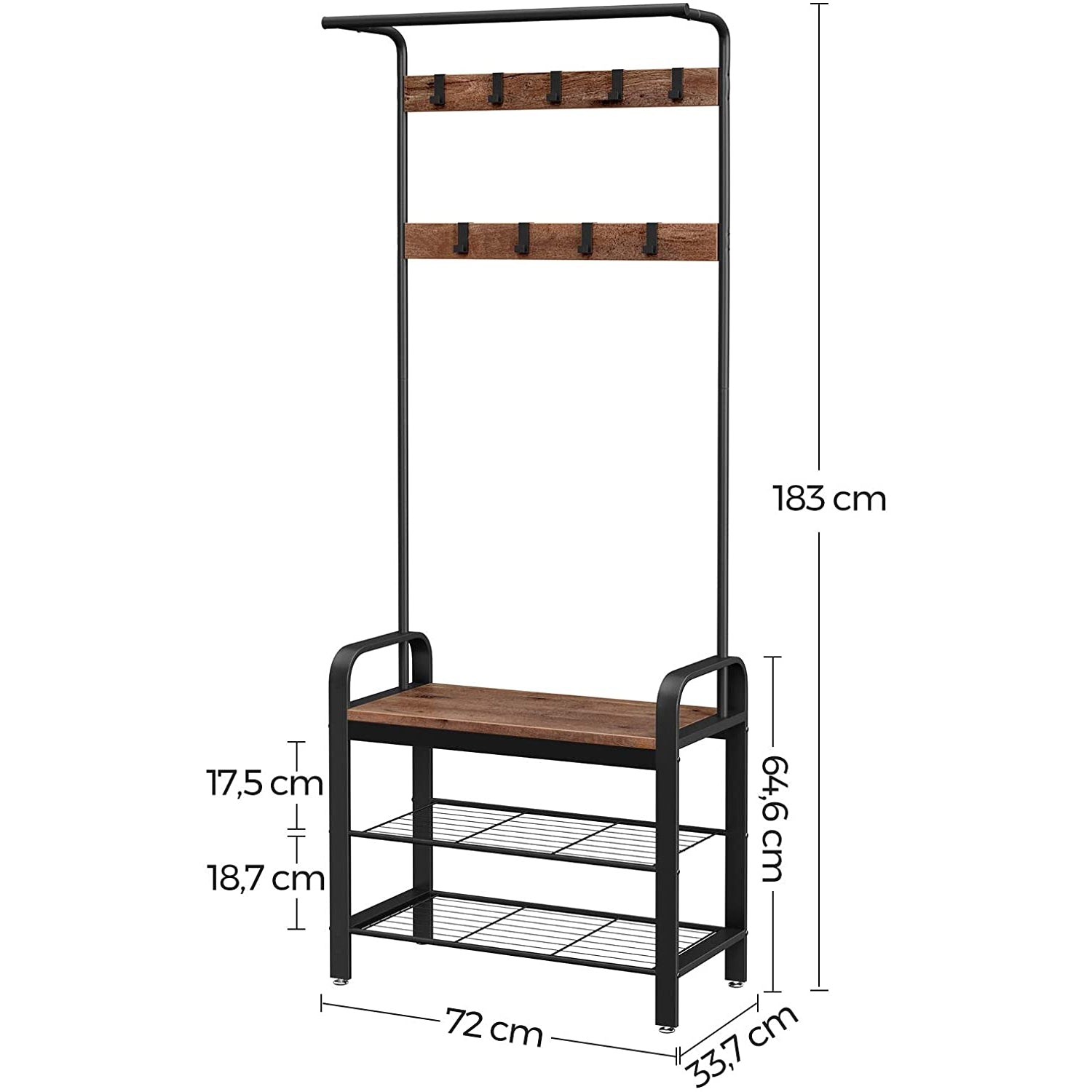 Nancy's Sheffield Garderoberek - Kapstok - Schoenenrek en Bank - Grijs / Zwart - ± 70 x 35 x 180 cm