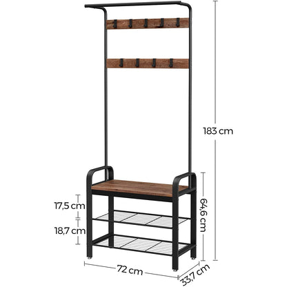 Nancy's Sheffield Garderoberek - Kapstok - Schoenenrek en Bank - Grijs / Zwart - ± 70 x 35 x 180 cm