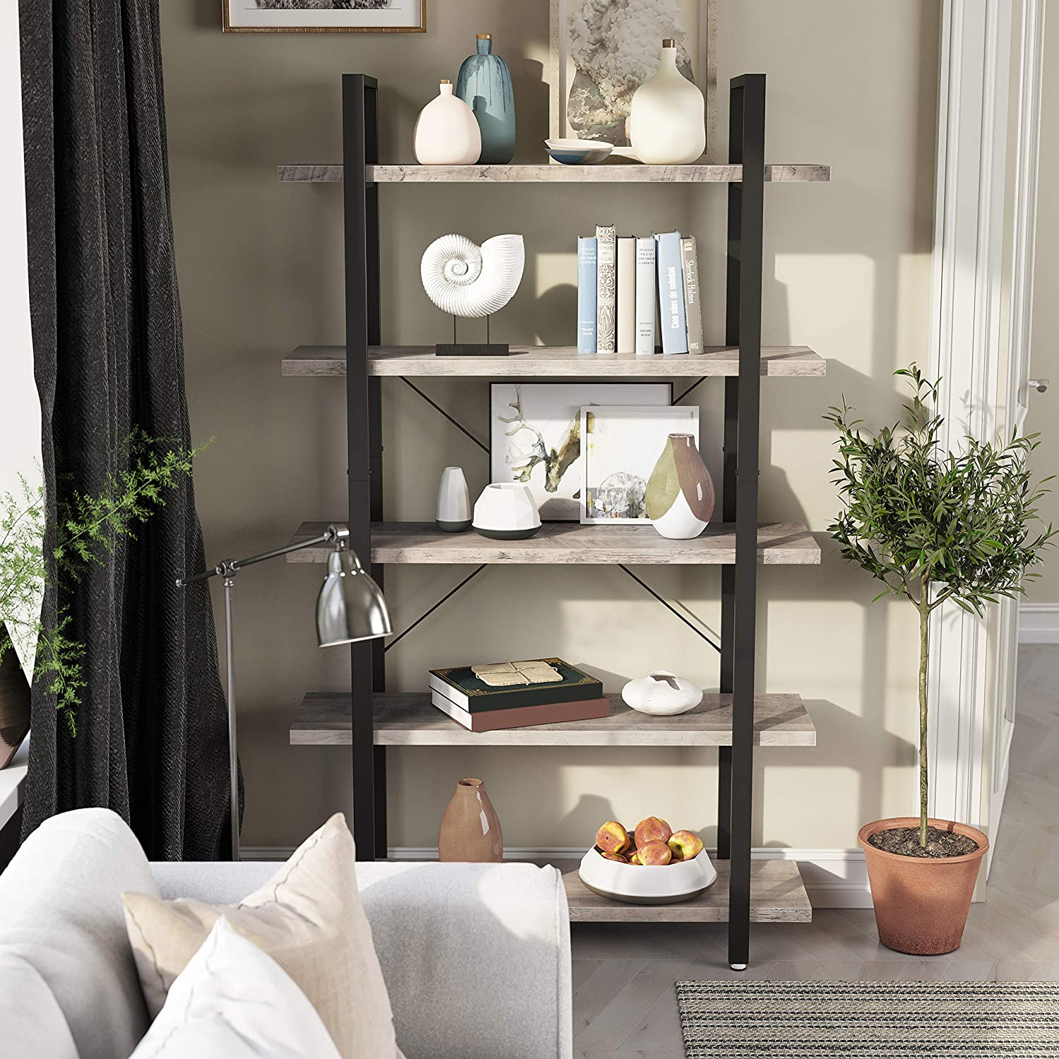 Nancy's Tacoma Boekenkast - Vintage Kast - Boekenkasten - 5 Lagen - Grijs/Zwart - 105 x 33,5 x 177,5 cm L x B x H