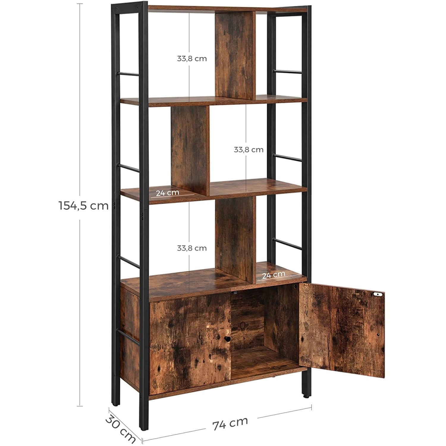 Nancy's Steve Boekenkast - Wandkast - Opbergkast - Vintage Bruin / Zwart - ± 75 x 30 x 155 cm