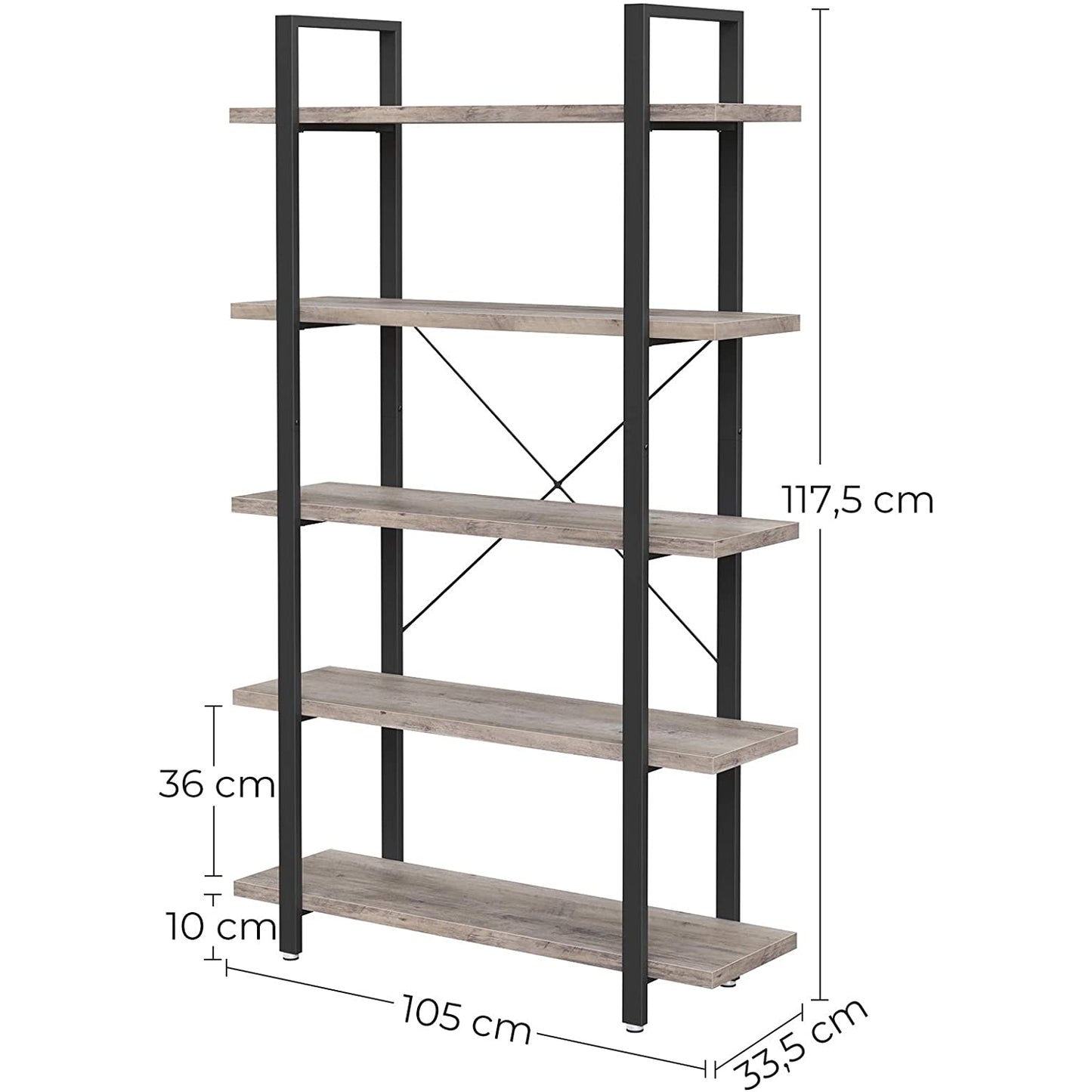 Nancy's Tacoma Boekenkast - Vintage Kast - Boekenkasten - 5 Lagen - Grijs/Zwart - 105 x 33,5 x 177,5 cm L x B x H