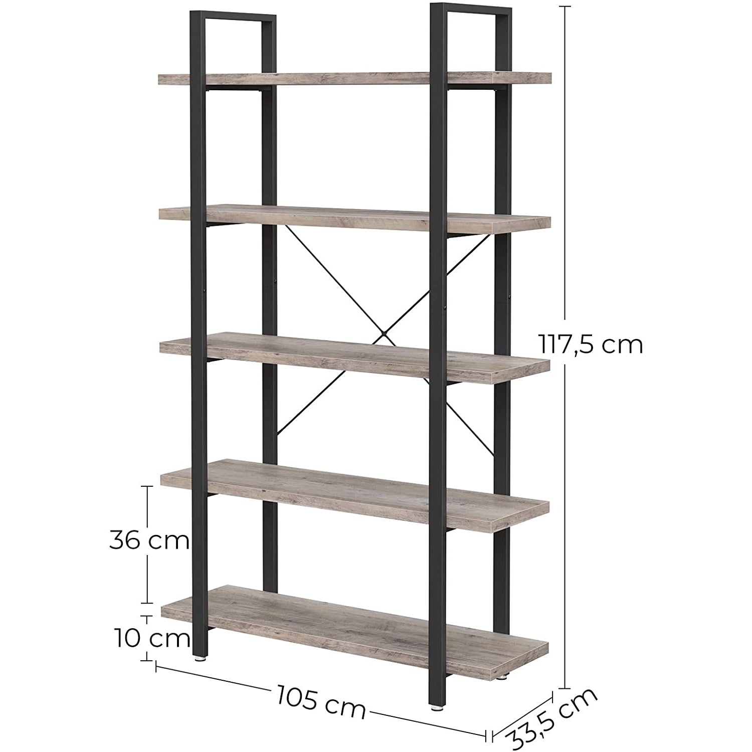 Nancy's Tacoma Boekenkast - Vintage Kast - Boekenkasten - 5 Lagen - Grijs/Zwart - 105 x 33,5 x 177,5 cm L x B x H