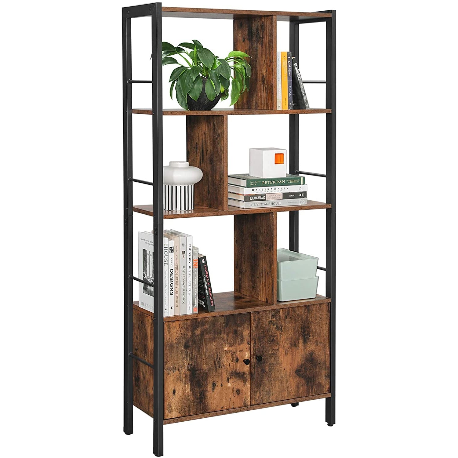 Nancy's Steve Boekenkast - Wandkast - Opbergkast - Vintage Bruin / Zwart - ± 75 x 30 x 155 cm