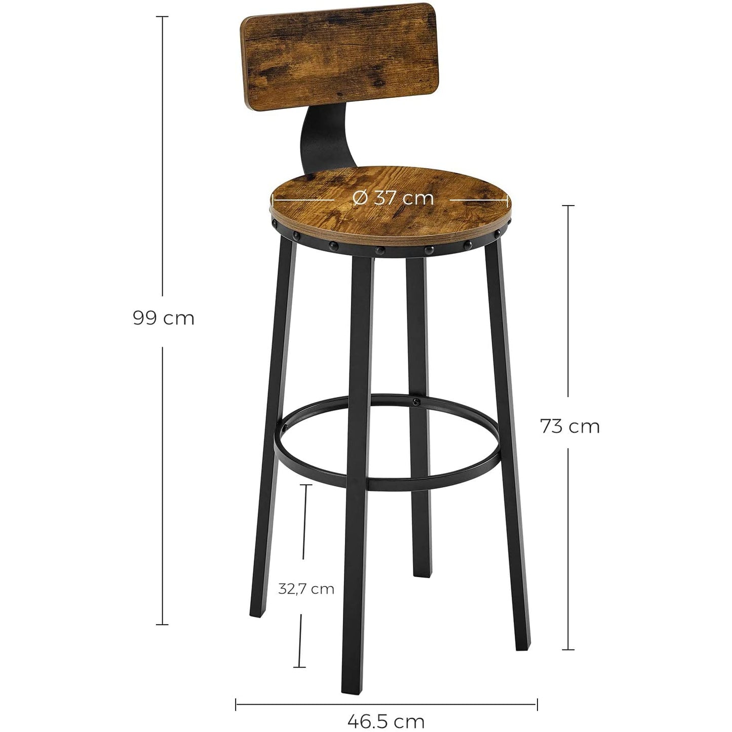 Tabourets de bar Gordon de Nancy 2 pièces - Chaises de bar avec repose-pieds - Tabouret de bar industriel - Industriel - Stable - 37 x 46,5 x 99 cm (L x L x H) 