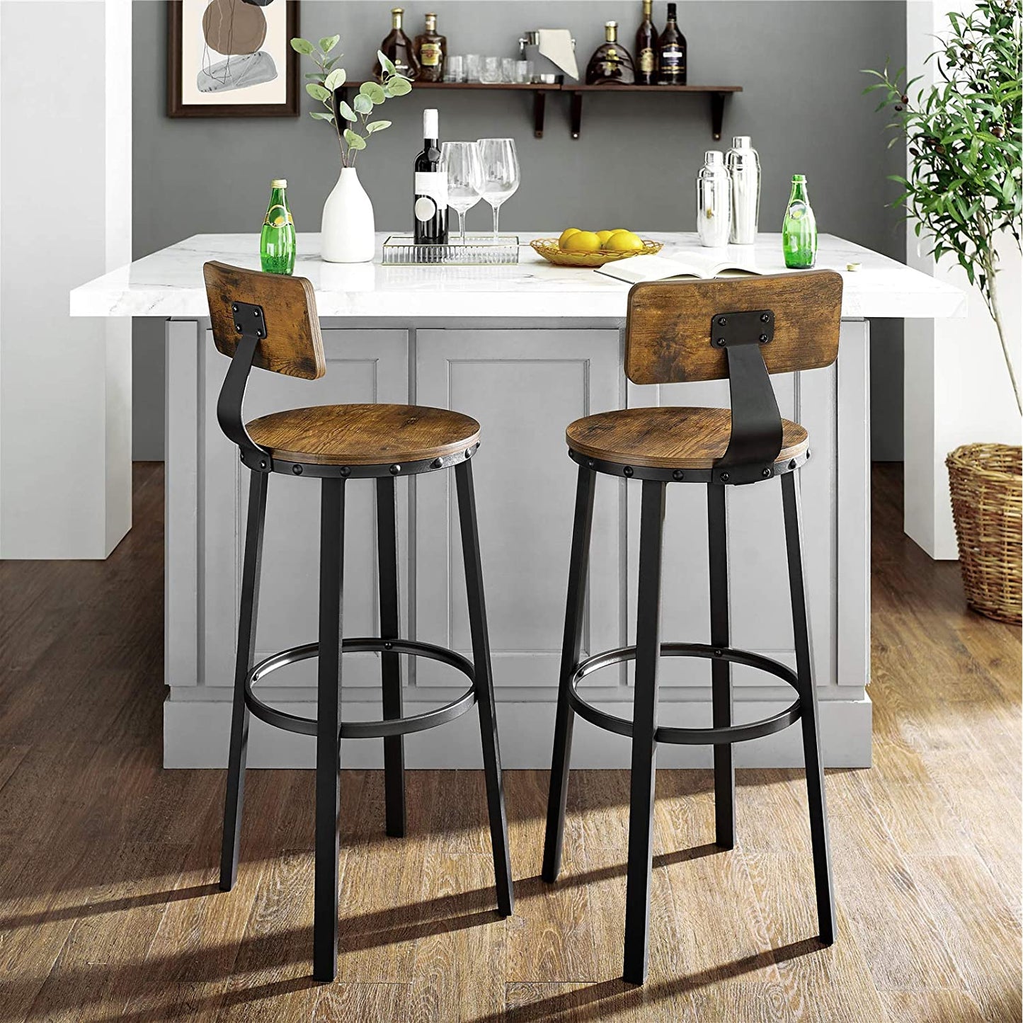 Nancy's Gordon Bar Stools 2 Pieces - Bar Chairs with Footrest - Bar Stool Industrial - Industrial - Stable - 37 x 46.5 x 99 cm (L x W x H) 