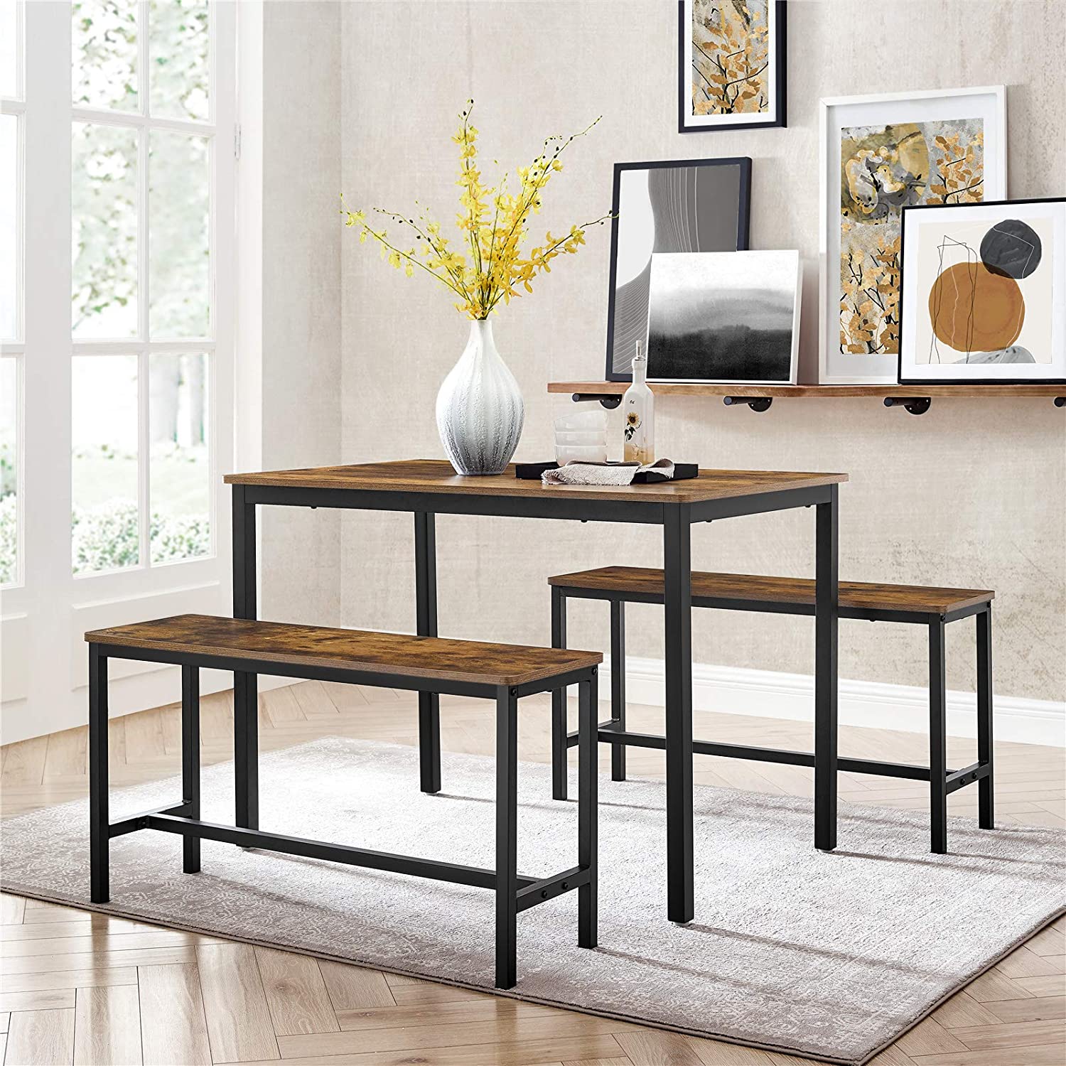 Nancy's Brunhais Eettafel met 2 Banken - Voor 4 Personen - Keukentafel - Eetkamertafel - Bruin ./ Zwart - 110 x 75 x 75 cm