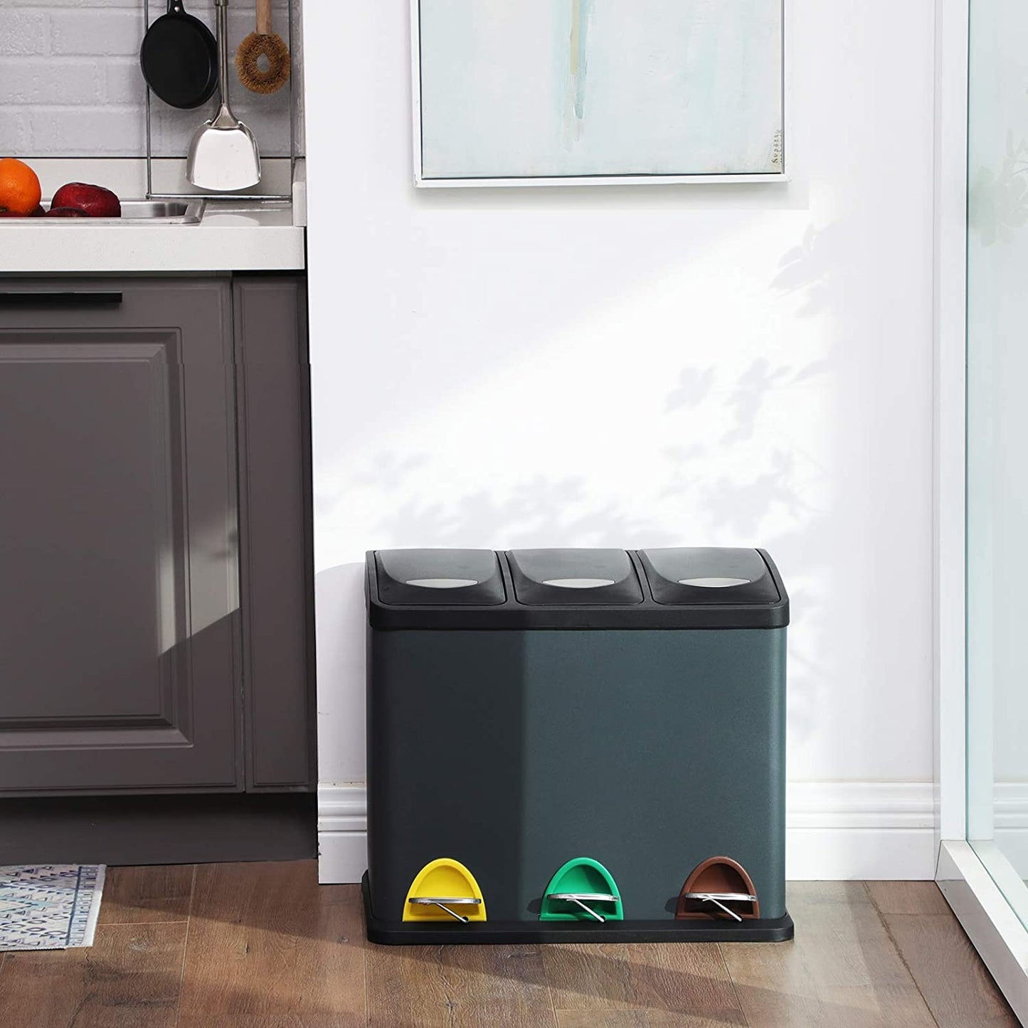 Poubelle Nancy's 24L - Poubelle Tri des Déchets - Poubelle à Pédale Acier Inoxydable - Poubelle 3 en 1 - Gris Fumée