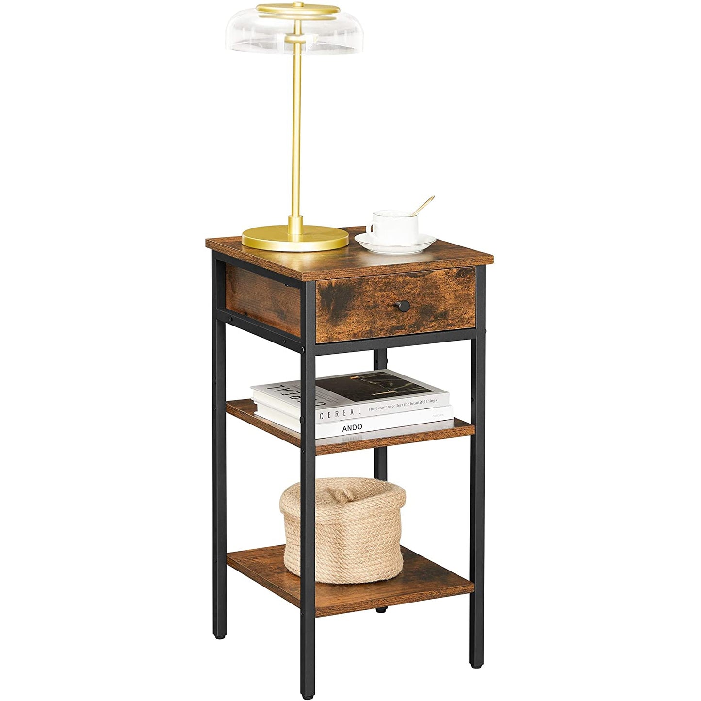 Nancy's Meridian Bedside Table - Side Table - Drawer - 2 Shelves - 35 x 35 x 70 cm - Engineered Wood - Metal - Industrial - Brown - Black