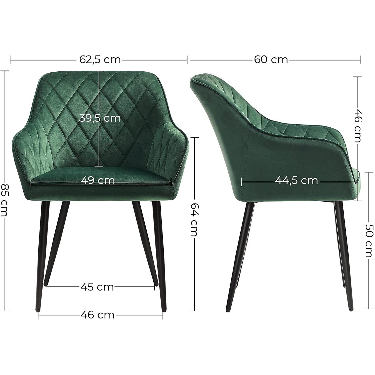 Nancy's Canning Eetkamerstoel - Keukenstoel - Fauteuil - Armleuningen- Velvet - Fluweel - Groen - Zwart - Metaal - 62,5 x 60 x 85 cm