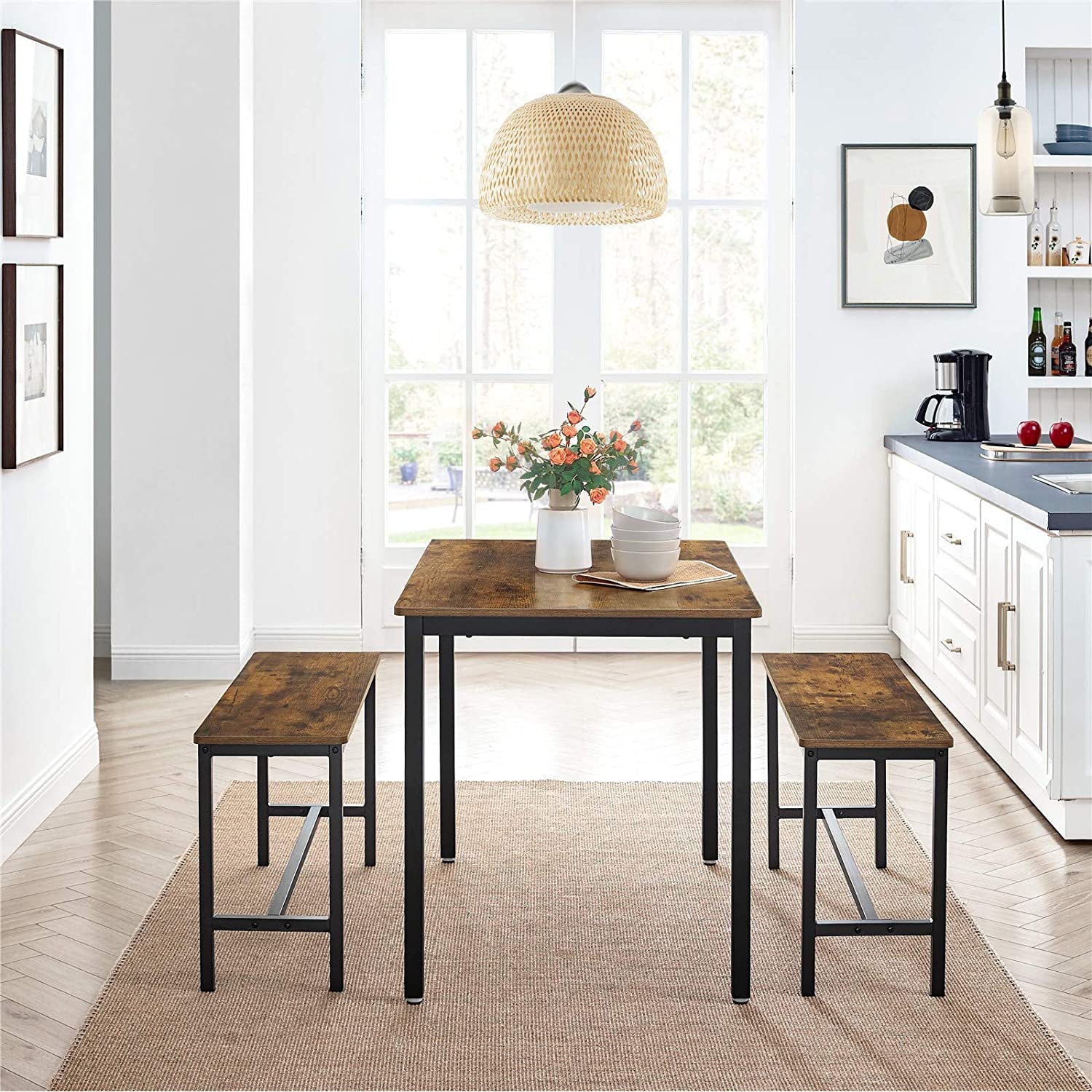 Nancy's Brunhais Eettafel met 2 Banken - Voor 4 Personen - Keukentafel - Eetkamertafel - Bruin ./ Zwart - 110 x 75 x 75 cm
