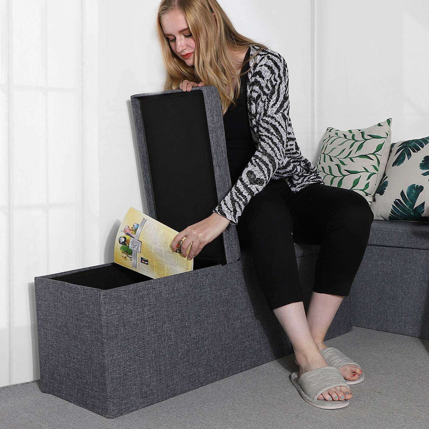 Nancy's Hocker Linen - Storage Bench - Footstools With Storage Space - Bench With Storage - Gray - 110 x 38 x 38 cm