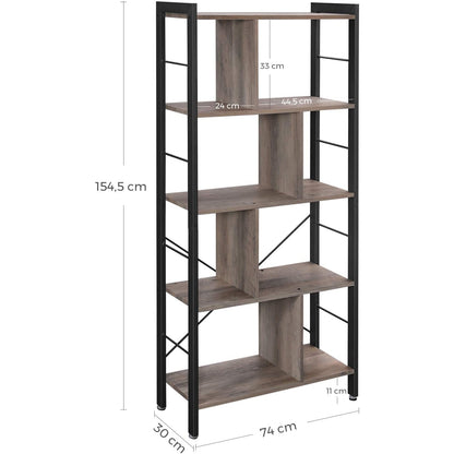 Nancy's Steve 2 Boekenkast - Boekenkasten - Industrieel - Hout - IJzeren Frame - Grijs/Zwart - 74 x 30 x 154,5 cm (L x B x H)